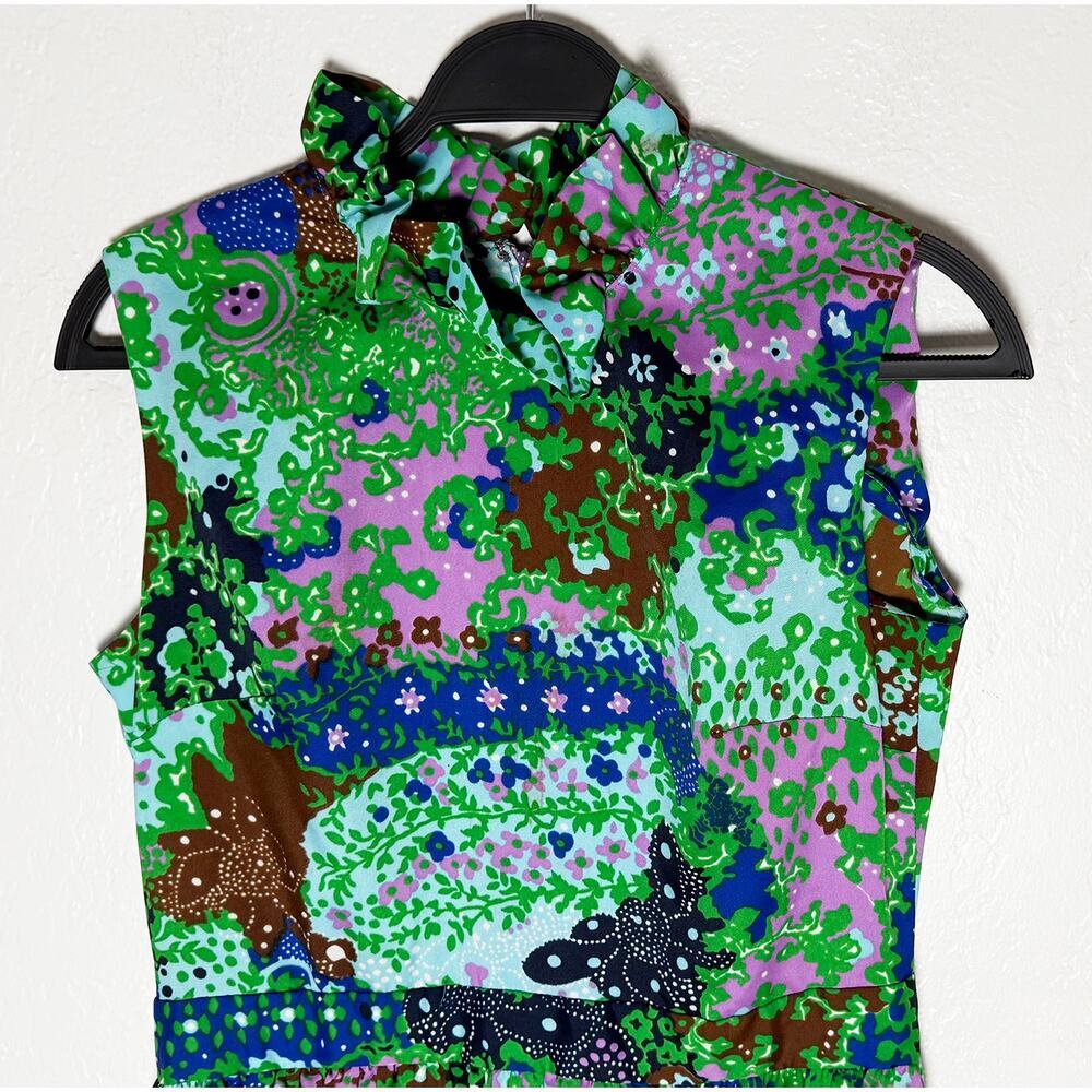 Vintage Andrea Gayle Women's Sleeveless Maxi Dress Ruffle Trim Green Blue Floral - Picture 5 of 9